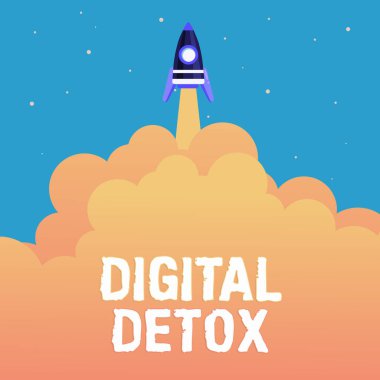 Dijital Detox 'u gösteren metin işareti. Elektronik ve dijital aygıtların kullanımının yasaklanması anlamına gelen kavram Üst Düzeye Ulaşan Roket Bilimi Sunumları