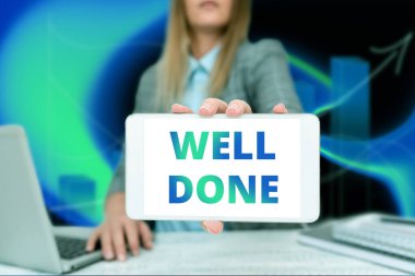 El yazısı metni aferin. İş konsepti, bir şahıs veya grubu övmek için iyi bir yol izlemiştir. İş kadını Ofis Bekleme Mobil Görüntüleme Fütüristik Fikirleri.