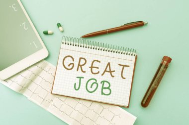 Büyük İş 'i gösteren tabela. Birini çok iyi yaptığı bir şey için övmek için kullanılan kelime Gelişmiş Tıbbi Teknoloji Laboratuvarı Yeni Virüs Tıbbı Testi