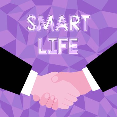 Akıllı Yaşam el yazısı. Anlaşmaları Kabul Eden, Görüntü ve Anlaşmayı Kabul Eden Soyut İnsanlar 'ı keyifli ve rahat hale getirmek için çalışan iş genel bakış teknolojisi