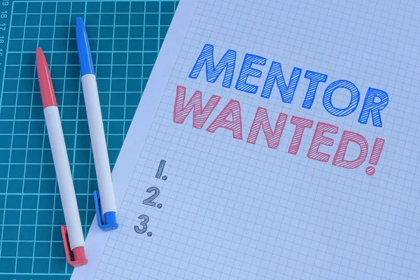 Inspirace ukazující nápis Mentor Wanted. Konceptuální fotografie najít někoho, kdo se může řídit sám dosáhnout úspěchu Vícenásobně rozmanité sbírka Office papírnictví Photo Umístěn přes stůl — Stock fotografie