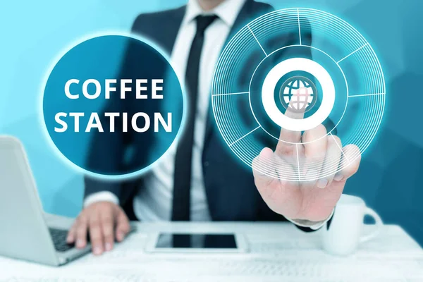 Conceptual caption Coffee Station. Business overview a small, informal restaurant that typically serves hot drinks Bussiness Man Sitting Desk Laptop And Phone Pointing Futuristic Technology. — Stock Photo, Image