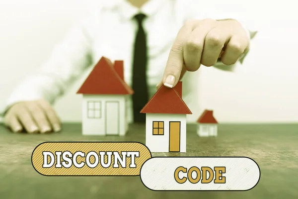 Handwriting text Discount Code. Business approach to reduce the price of a product with an individualalized voucher Different plans for houses represented by business woman