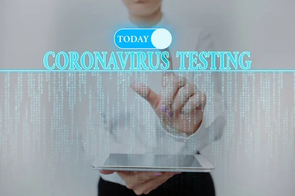 Концептуальная подпись Coronavirus Testing. Бизнес-подход Сбор образцов от жизнеспособного пациента для идентификации SARSCoV2 Lady Holding Tablet Pressing On Virtual Button Showing Futuristic Tech. — стоковое фото