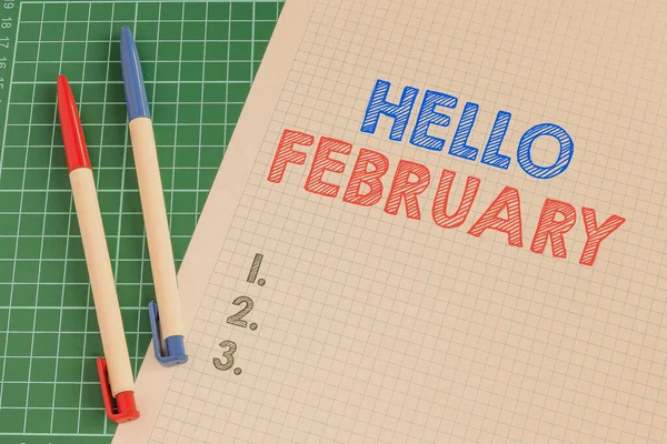 Inspiráció mutató jel Hello February. Conceptual photo greeting used when welcoming the second month of the year Multiple Assorted Collection Office Irodaszerek Photo Placed Over Table — Stock Fotó