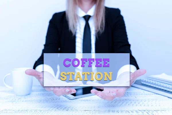 Text caption presenting Coffee Station. Business approach a small, informal restaurant that typically serves hot drinks Presenting Corporate Business Data, Discussing Company Problems