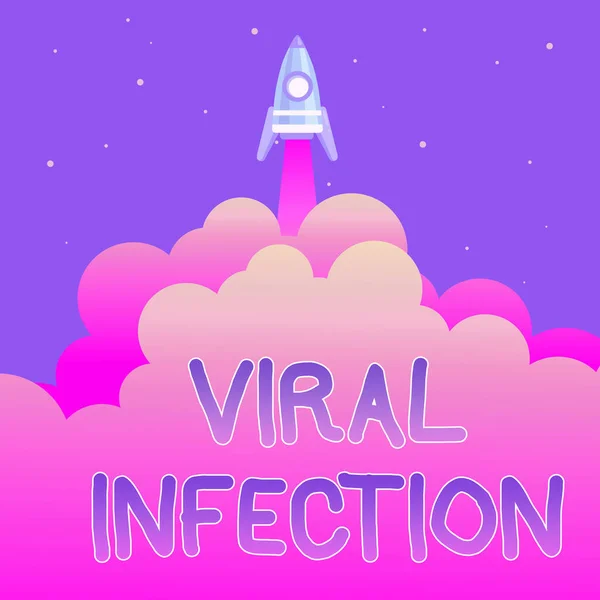 ウイルス感染が表示されます。概念的な意味有害なウイルスの複製からの細胞の特定の攻撃概要トップレベルに到達,ロケット科学プレゼンテーションデザイン — ストック写真