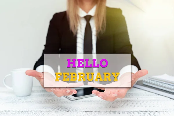 Kézírás jel Hello February. Word Written on greeting az év második hónapjának köszöntésekor Vállalati üzleti adatok bemutatásakor, Vállalati problémák megvitatásakor — Stock Fotó