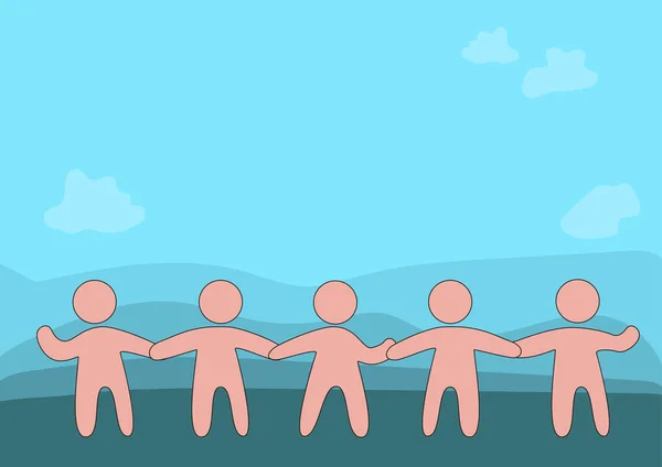 Cinque persone in piedi che disegnano mano nella mano mostrando supporto e armonia. Colleghi toccando mano Design Visualizzazione del lavoro di squadra e cooperazione. — Vettoriale Stock