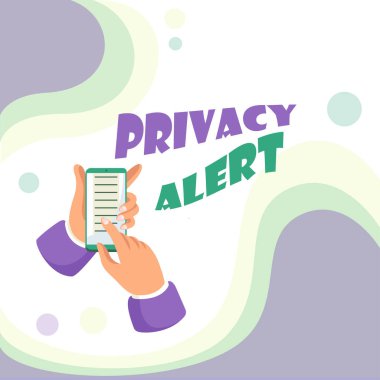 İlham veren Mahremiyet Alarmını gösteren metin. İnternet Kavramı, kullanıcıyı sizin verilerinizi çalma riskine karşı uyarır. Verilerinizi Çevrimiçi Yaymak, Küresel Bağlantı Kavramları