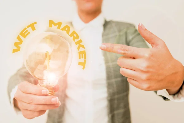 Légende conceptuelle Wet Market. Marché d'idée d'entreprise vendant des produits de poisson de viande fraîche et d'autres produits périssables Lady en tenue lampe de pointage avec deux mains présentant de nouvelles idées de technologie — Photo