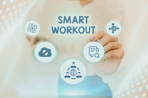 Text showing inspiration Smart Workout. Word for properlydesigned exercise to maximize the muscle growth Lady In Uniform Standing Holding Tablet Typing Futuristic Technologies. — Stock Photo, Image