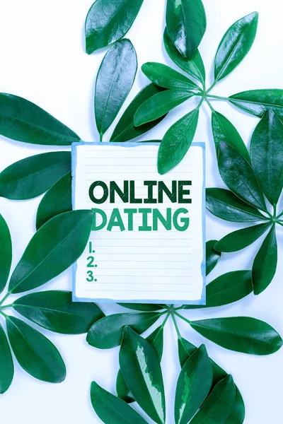 Text caption presenting Online Dating. Conceptual photo Searching Matching Relationships eDating Video Chatting Saving Environment Ideas And Plans, Creating Sustainable Products — Stock Photo, Image