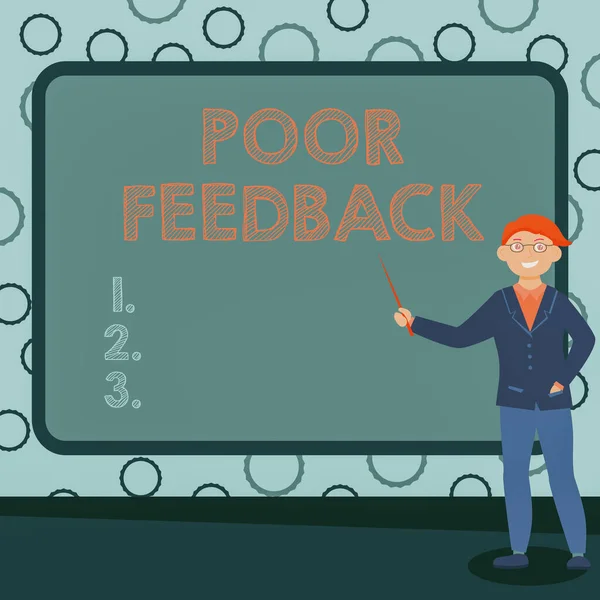 Tekst bijschrift met slechte feedback. Concept betekent laaggradige evaluatie gegeven aan het aangeboden product en de aangeboden service Abstract Professor Lezingen geven, uitleggen en rapporteren Concept — Stockfoto