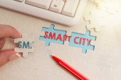 Inspiration zeigt Zeichen der Smart City. Unternehmensübersicht eines städtischen Gebiets, das Kommunikationstechnologien nutzt, um Daten zu sammeln. Ein unfertiges weißes Puzzle mit fehlendem letzten Stück