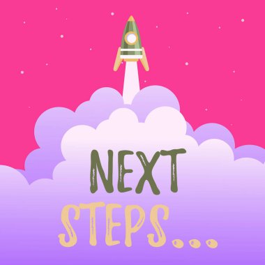 Sonraki Adımlar el yazısı metni. Roket Bilimi Sunumu 'nun En Üst Seviyeye Ulaşan Soyut Tasarımları' nı bitirdikten sonra yaptığınız bir şey için bir kelime.