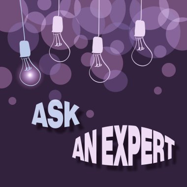 Sor Bir Uzmanı sunan metin başlığı. Farklı Fikirleri Gösteren Özet Kılavuzu 'nu anlayan ve kabul eden onaylama kelimesi, Aydınlık Kavram Sunan Işıklar