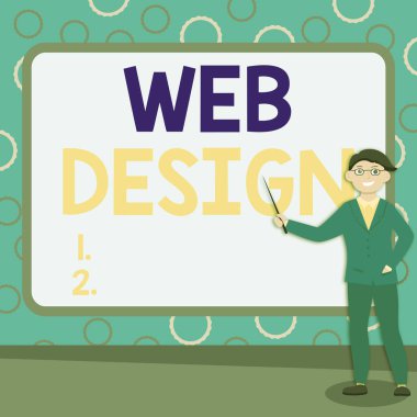 Web Tasarımı sunan metin başlığı. İnternet Konsepti web sitesi oluşturulması, içeriği ve grafikleri içeren soyut Profesör Verme, Açıklama ve Raporlama Konsepti