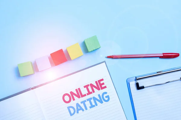 Handwriting text Online Dating. Internet Concept Searching Matching Relationships eDating Video Chatting Stack of Sample Cube Rectangular Boxes On Surface Polished With Multi-Colour — Stock Photo, Image