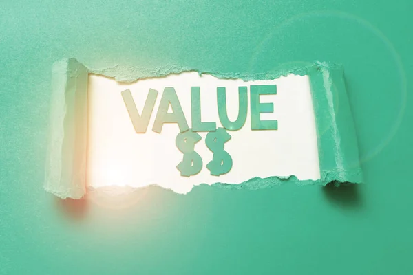 Signo de texto que muestra Value Dolar. Visión general del negocio el valor de la identificación del proceso actualmente en ejecución Lágrima en la hoja revela el fondo detrás de la parte delantera — Foto de Stock