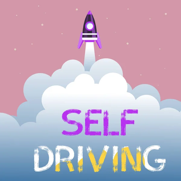Sign displaying Self Driving. Internet Concept Autonomous vehicle Ability to navigate without input Abstract Reaching Top Level, Rocket Science Presentation Designs