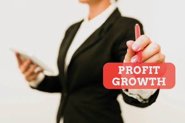 Hand writing sign Profit Growth. Word Written on Objectives Interrelation of Overall Sales Market Shares Presenting New Technology Ideas Discussing Technological Improvement — Stock Photo, Image