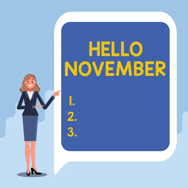 Textschild mit Hallo November. Business-Gruß, der bei der Begrüßung des elften Monats des Jahres verwendet wird. — Stockfoto