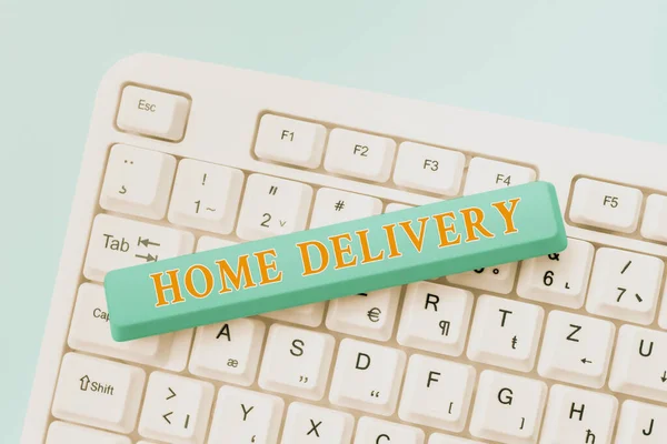 Conceptual caption Home Delivery. Word for All checkout items are directly sent to the buyer s is home Typing Character Background Story, Creating New Social Media Account