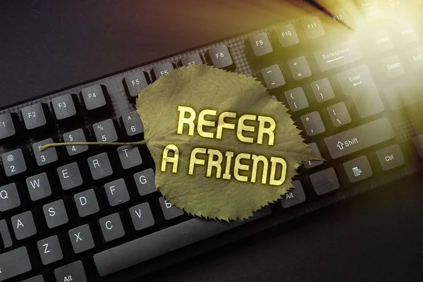 Inspiration showing sign Refer A Friend. Business idea direct someone to another or send him something like gift Programmer Creating New Software, Coder Typing Programming Language — Stock Photo, Image