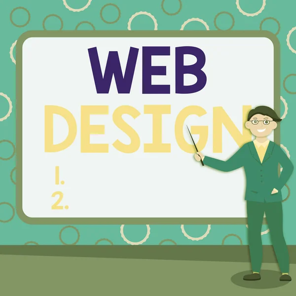 Webデザインを提示するテキストキャプション。レイアウト、コンテンツ、グラフィックを含むインターネットコンセプトウェブサイトの作成概要教授講演、説明、レポート作成コンセプト — ストック写真