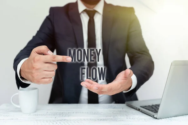 Exibição conceitual Money Flow. Abordagem de negócios é um indicador de positivo ou negativo em um dia atual Remote Office Work Online Apresentando plano de negócios e projetos — Fotografia de Stock