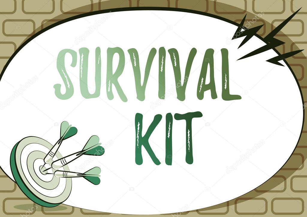Inspiration showing sign Survival Kit. Business overview Emergency Equipment Collection of items to help someone Presenting Message About Hitting Target Concept, Abstract Announcing Goal
