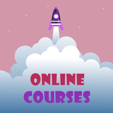 Çevrimiçi kursları gösteren bir tabela. Konsept, İnternet Soyut Erişimi Üst Düzeye Ulaşan Roket Bilimi Sunumu Tasarımları kapsamında yürütülen bir eğitim kazanmak anlamına gelir