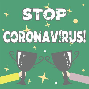 Coronavirus 'u durdurun yazan bir mesaj. COVID19 vakalarının azaltılması için mücadele eden İnternet Kavramsal Hastalık Bilinci Kampanyası Soyut Zafer Ödül Töreni, Yeni Kazananı Kutlama Konsepti