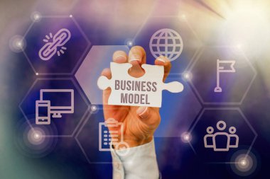 İş Modelini sunan metin başlığı. Bir şirketin daha fazla kar elde etmek için nasıl çalıştığını gösteren iş özeti modeli El Tutma Yapbozu Parçası Yeni Fütürist Teknolojileri Açıyor.