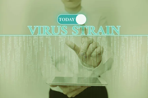 Bildunterschrift: Virusstamm. Eine weitere genetische Variante, die vom ursprünglichen Mikroorganismus abstammt Lady Holding Tablet Drücken auf virtuellen Knopf Zeigt futuristische Technologie. — Stockfoto