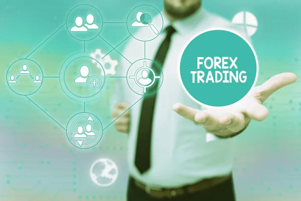 Ispirazione mostrando segno Forex Trading. Panoramica del mercato globale che consente il trading, il cambio di valuta Gentelman Uniform Standing Holding Nuove tecnologie futuristiche. — Foto Stock
