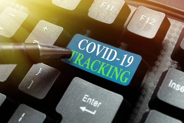 Text bildtext som presenterar Covid 19 Tracking. Affärsidé Utmärkande process för möjliga smittade personer Sammanfattning Skriva nya Business Slogan Meddelande, Skriva marknadsstrategier — Stockfoto