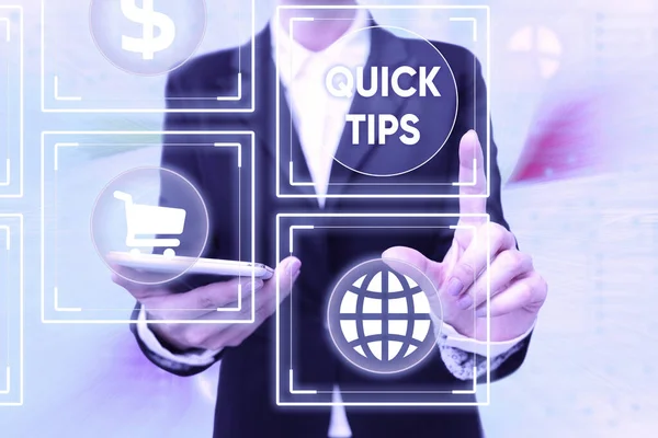 Text sign showing Quick Tips. Business overview small but particularly useful piece of practical advice Lady In Uniform Holding Phone Pressing Virtual Button Futuristic Technology. — Stock Photo, Image