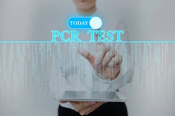 Conceptual caption Pcr Test. Internet Concept qualitative detection of viral genome within the short seqeunce of DNA Lady Holding Tablet Pressing On Virtual Button Showing Futuristic Tech. — 图库照片