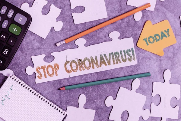 Κείμενο που δείχνει έμπνευση Σταματήστε τον Coronavirus. Word for Disease awareness campaign fighting to lessen the COVID19 cases Building A Unfinished White Jigsaw Pattern Puzzle — Φωτογραφία Αρχείου