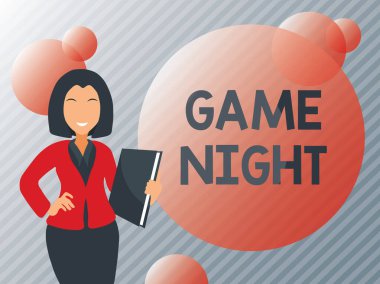 Mesaj işareti Oyun Gecesi 'ni gösteriyor. İş konsepti genellikle arkadaşlarla poker gibi yetişkinlerin oyun buluşmalarına çağrılır. Önemli Haberler, Açıklama ve Habercilik kavramını tartışırlar.