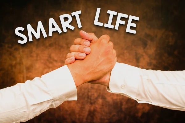 Writing displaying text Smart Life. Conceptual photo technology that works to make living enjoyable and comfortable Two Professional Well-Dressed Corporate Businessmen Handshake Indoors