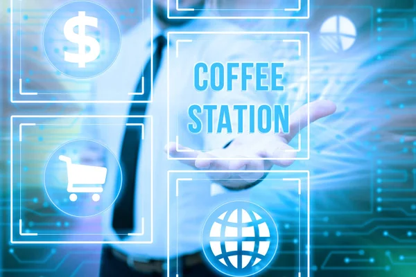 커피 역과 관련된 문자 표지판. 일반적으로 청량 음료를 제공하는 작고 격식없는 식당, 뉴 퓨처 리스틱 테크놀로지를 들고 서 있는 젠틀맨 유니버설. — 스톡 사진