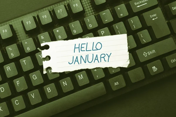 Kézírás szöveg Hello January. Internet Concept greeting az év első hónapjának köszöntésekor Gépelés Új oktatási tankönyv, Abstract Retyping Old Essay Online — Stock Fotó