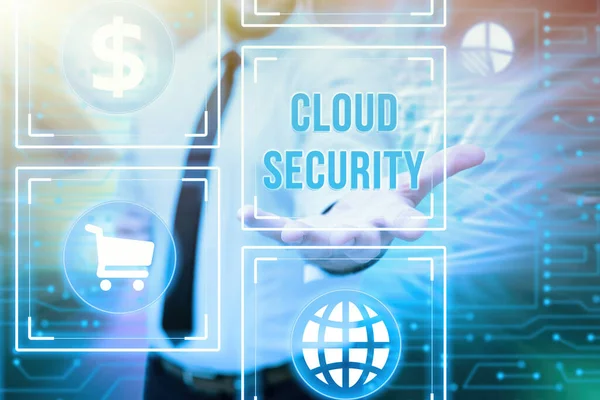 Conceptual display Cloud Security. Word Written on Imposing a secured system of existing data in the Internet Gentelman Uniform Standing Holding New Futuristic Technologies. — 图库照片