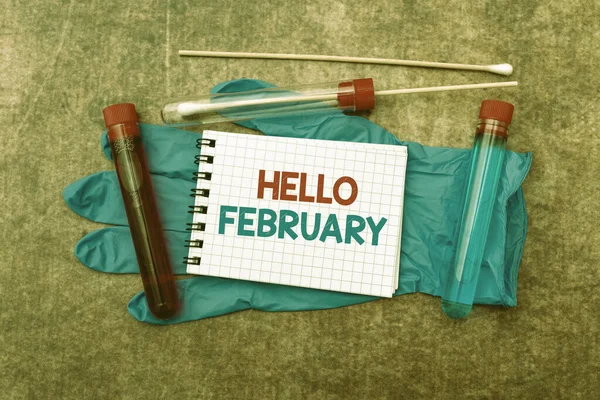 Sign displaying Hello February. Business showcase greeting used when welcoming the second month of the year Writing Prescription Medicine Laboratory Testing And Analyzing Infections — 图库照片