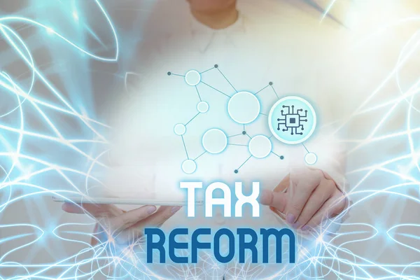 Exhibición conceptual Reforma Fiscal. Word Written on government policy about the collection of taxes with business owners Lady Holding Tablet Pressing On Virtual Button Showing Futuristic Tech. — Foto de Stock