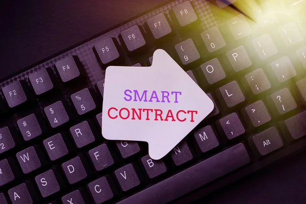 Sign displaying Smart Contract. Concept meaning digital agreement to control the transfer of digital currencies Entering New Programming Codes, Typing Emotional Short Stories