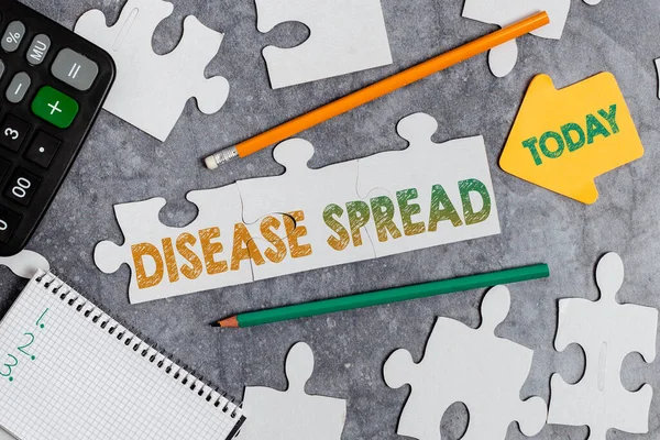 Sign displaying Disease Spread. Business idea Direct transfer of a viral agent through an individualtoan individual contact Building An Unfinished White Jigsaw Pattern Puzzle With Missing Last Piece — 图库照片